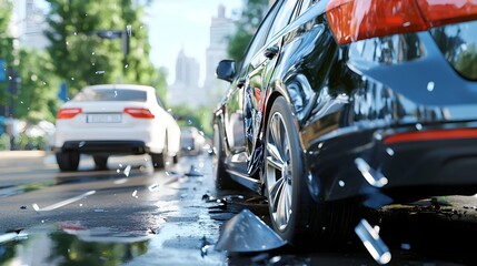 Dramatic side view of two mangled and crushed vehicles after a head on collision on a busy urban street