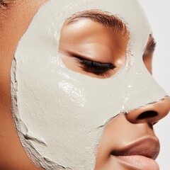 A closeup of a woman’s face with a white clay facial mask applied to treat acne, surrounded by soft lighting and a clean white background, perfect for skincare tutorials and beauty products.