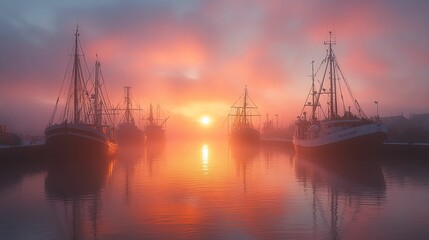 Silhouetted Fishing Boats at Sunrise with Fog and Reflections