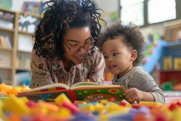 Mother and child reading a book together in a colorful playroom filled with toys, enjoying quality bonding time and early learning activities.