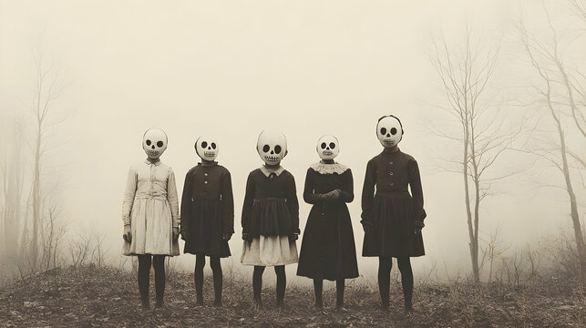 Eerie scene of five figures in masks standing in a foggy landscape.
