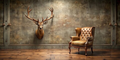 A solitary leather armchair awaits beneath a mounted deer head on a textured wall, creating a sense of quiet contemplation in a dimly lit room.