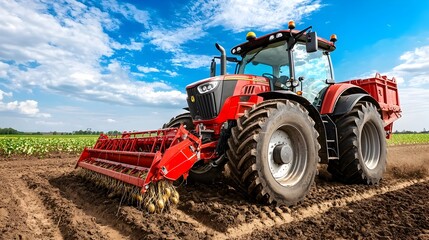 Fototapeta premium Futuristic agricultural machinery including a harvester and tractors loading potato crops in a serene rural landscape with a clear blue sky and scattered clouds