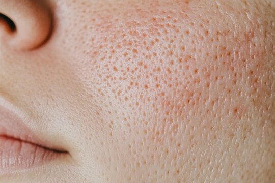 A closeup of problematic skin with visible acne and redness before treatment against a neutral background, ideal for skincare tutorials and product use.