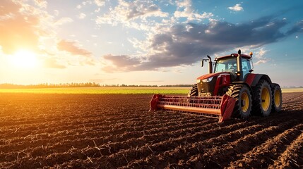 Fototapeta premium Efficient Potato Harvest in Progress with Harvester and Tractors Working in a Rural Field under Sunny Skies Capturing the of Modern Machinery and Traditional Farming