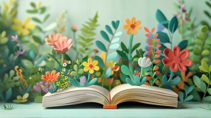 Open book with colorful flowers and leaves emerging, creating a whimsical and enchanting scene. White isolate background.