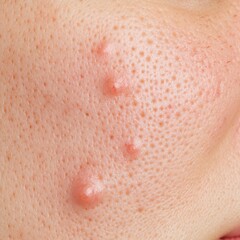 Fototapeta premium A closeup of problematic skin with visible acne and redness before treatment, set against a neutral background, ideal for skincare tutorials and product use.