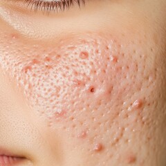 Fototapeta premium A closeup of problematic skin with visible acne and redness before treatment, set against a neutral background, ideal for skincare tutorials and product use.