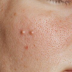 Fototapeta premium A closeup of problematic skin with visible acne and redness before treatment, set against a neutral background, ideal for skincare tutorials and product use.