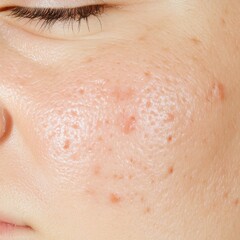 Fototapeta premium A closeup of problematic skin with visible acne and redness before treatment, set against a neutral background, ideal for skincare tutorials and product use.