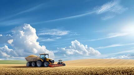 Fototapeta premium Efficient Potato Harvesting with Advanced Machinery in Sprawling Rural Landscape Under Bright Cloudscape