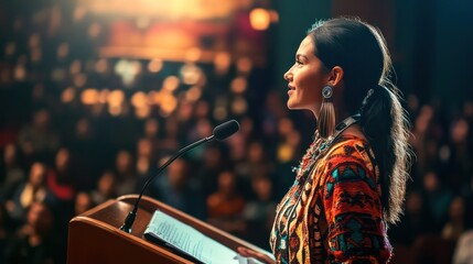 Native American woman stands confidently on podium Overcoming the fear of public speaking in front of a large audience