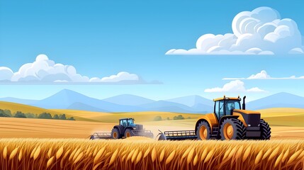 Obraz premium Futuristic Cybernetic Potato Harvest in Picturesque Rural Landscape with Blue Sky and Fluffy Clouds Monochromatic Aerial View of Tractors and Harvester Working Productively in the Fields