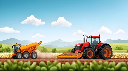 Obraz premium Cybernetic toned monochromatic scene depicting a productive potato harvest in a rural setting with tractors and harvesters working efficiently to cultivate the crop under a blue sky with white clouds