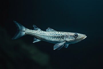 Fototapeta premium the beside view Guachanche Barracuda, left side view, white copy space on right, Isolated on dark Background