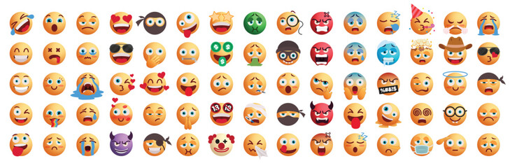 Fototapeta premium Emoji emoticon flat characters vector set. Emojis flat character collection in happy, cute, naughty, crying, in love, silly and freeze facial expression graphic elements. Vector illustration emoticons