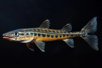the beside view Pickhandle Barracuda, left side view, white copy space on right, Isolated on dark Background