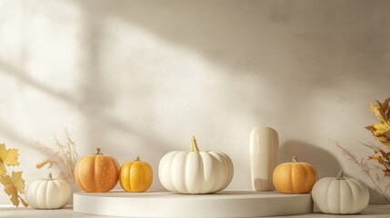 Decorative podium with pumpkins on a neutral background