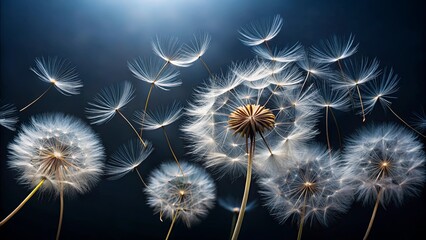 A Symphony of Delicate White Dandelion Seeds Dancing in a Gentle Breeze Against a Dark Blue Backdrop