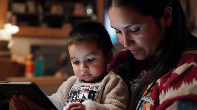 Native American mother uses tablet to teach her child Balancing screen time and study