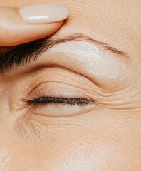 Fototapeta premium A high-resolution image of a woman applying anti-aging cream to her forehead to reduce wrinkles, with a neutral soft-textured background focusing on her face and skincare.