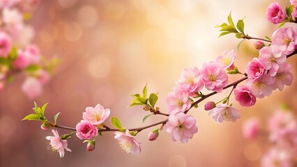 Obraz premium Delicate pink blossoms on a branch against a soft, warm background, showcasing the beauty of nature's awakening