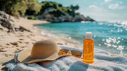 Beach Essentials: Sun Hat, Sunglasses, and Sunscreen on a Towel