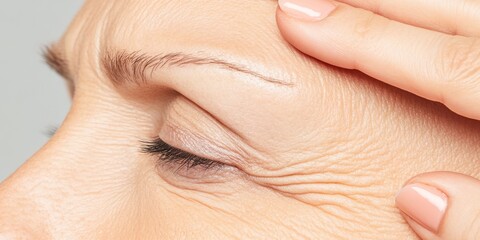 A high-resolution image of a woman applying anti-aging cream to her forehead to reduce wrinkles, with a neutral background and soft texture emphasizing her face and skincare.