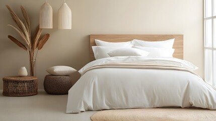 Organic cotton bedding in soothing neutral tones offering an eco friendly and minimalistic aesthetic for a serene and calming bedroom environment  This natural