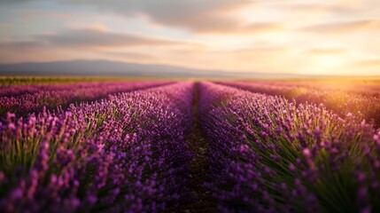 Obraz premium Scenic view of an organic lavender field in vibrant shades of purple showcasing the beauty of sustainable farming and the tranquility of natural landscapes