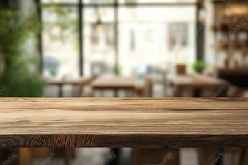 Wooden table top with a blurry background of a cafe.