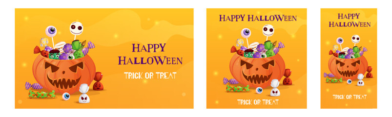 Halloween stories, banner, post with scary pumpkin full of spooky sweets. Trick or treat illustration set.