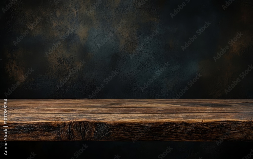 Poster dark rustic wooden table top with dark textured background.