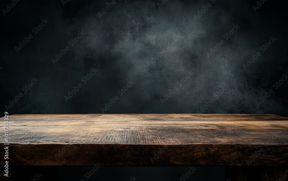 Poster rustic wooden table top with a dark gray textured background.
