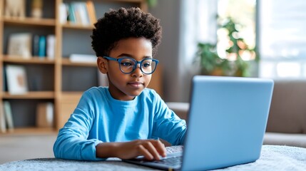 A focused portrait of a young Black student using a laptop for remote online learning at home showcasing an advanced color tone and analogous color scheme