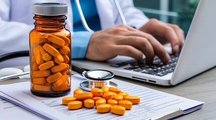 Close up image of a doctor holding a bottle of prescription medication next to an open laptop and a stack of medical papers with a stethoscope on top creating a scene that captures healthcare