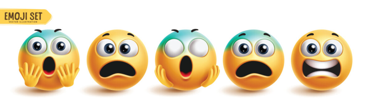 Emoji scared characters vector set. Emoticon 3d icon collection in shock, afraid, frightened, worried and nervous facial expression in white background. Vector illustration for graphic design elements