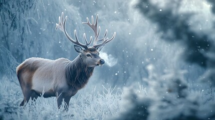 Naklejka premium A Majestic Deer in a Frosty Winter Forest