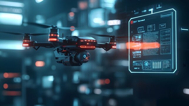Advanced AI powered drone surveillance system with a futuristic holographic interface designed for modern security analysis and smart city management