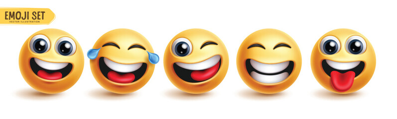 Emoji funny emoticons characters vector set. Emojis emoticon with fun face, laugh, happy, smiling, enjoy, cute and friendly facial expressions graphic character collection. Vector illustration emojis 