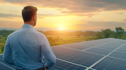 Experienced Solar Panel Technician Replacing Photovoltaic Panels on the Roof of an Industrial Building Promoting Sustainable Energy Solutions and Maintenance Services