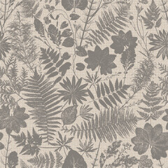 Natural Wildflowers and Herbs Print. Vector Vintage Seamless Pattern with Grass Leaf Silhouettes. Stamp Leaves. Floral Background. Meadow Plants Wallpaper.  © AllNikArt