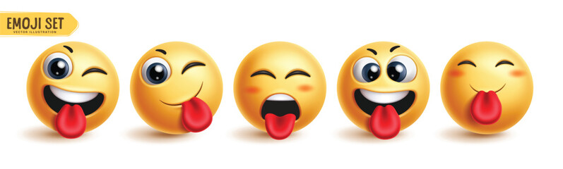 Emojis naughty emoticon characters vector set. Emoji emotions facial expression in happy, funny, joyful, smiling and winking face character collection. Vector illustration emojis naughty icon 