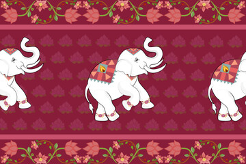 Thai elephant border, ethnic pixel pattern, ornament, Thai traditional style, illustration design for wrap, textile, silk, fabric