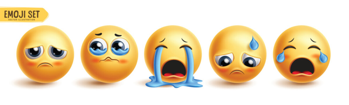 Naklejki Emoji crying emoticon characters vector set. Emojis emoticons in sad face, cry, eye tears, happy and disappointed facial expression 3d graphic elements collection. Vector illustration emojis crying
