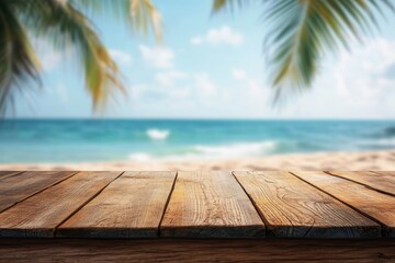 A wooden table top with a blurred background of a beach with blue water and palm trees.
