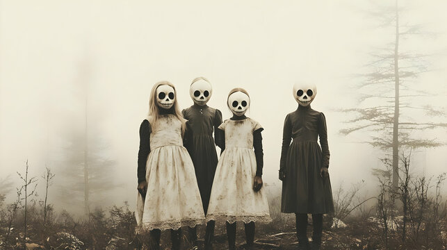 Four figures in eerie dresses and skull masks in a foggy forest.