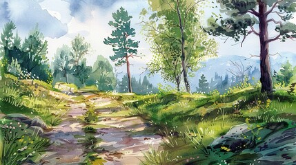 Obraz premium Summer Landscape Illustrated in Beautiful Watercolor Drawings