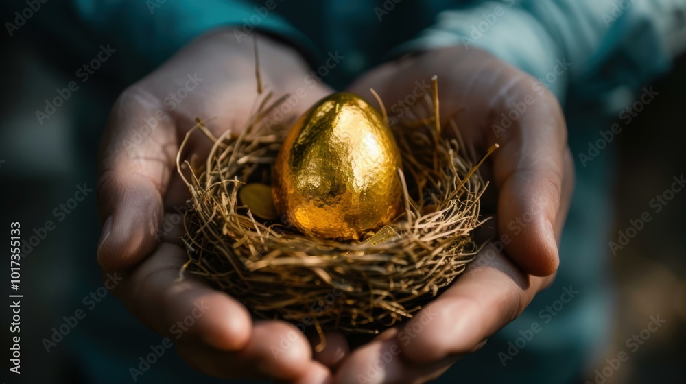 Wall mural A golden egg in a nest, held in a person's hands. AI.