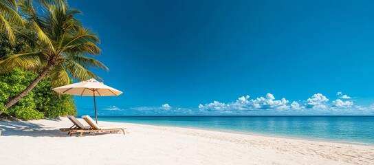 Naklejka premium Two lounge chairs on a white sandy beach with a blue sky, clear water and palm trees in the background.